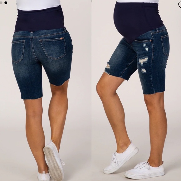 LPinkBlush Blue Distressed Maternity Full Panel Bermuda Raw Hem Shorts - Picture 3 of 10